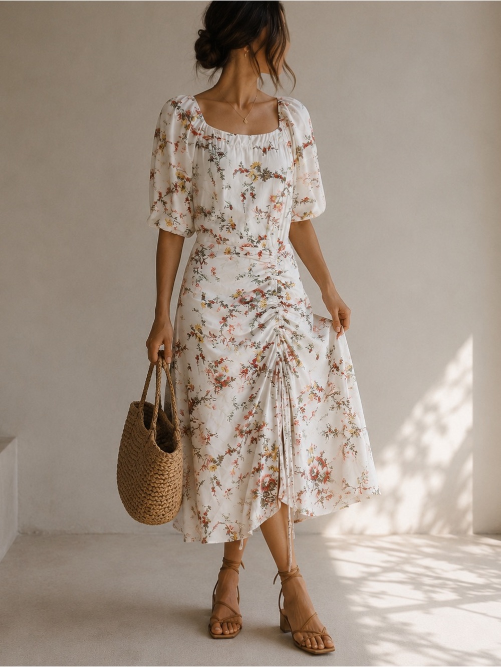 La Vie Rebecca Taylor Floral Ruched Midi Dress XS Cottagecore Romantic
